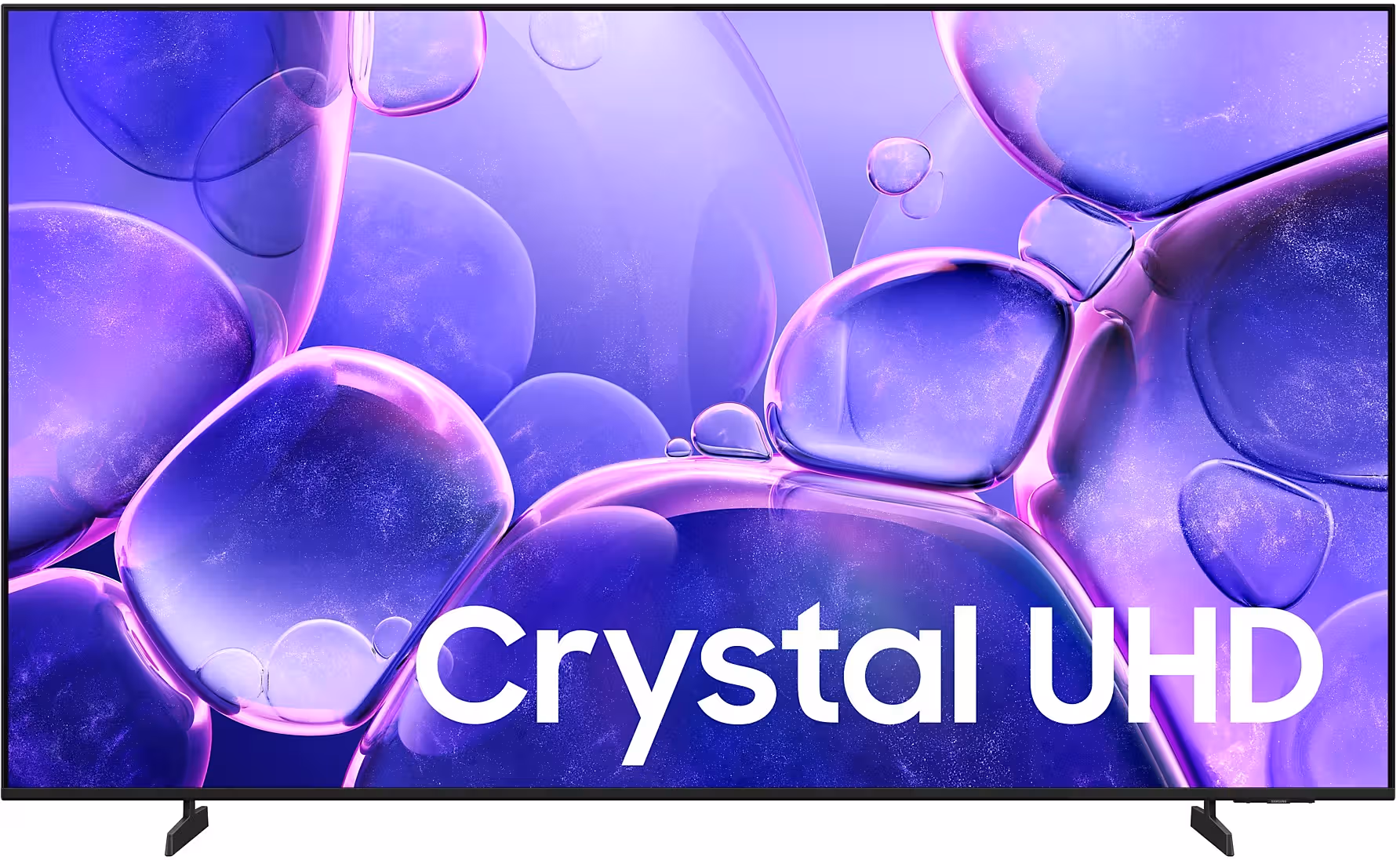 Crystal UHD television on a stand with a vibrant purple bubble-like abstract screen.
