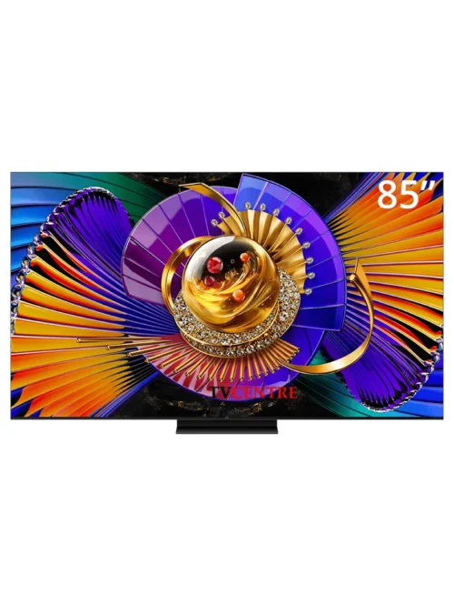 85-inch flat-screen TV on a stand displaying a vibrant abstract artwork with swirling purple