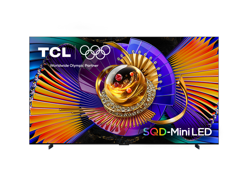 Colorful abstract design on a TCL TV screen with the 'Worldwide Olympic Partner' logo and 'SQD-MiniLED' text.