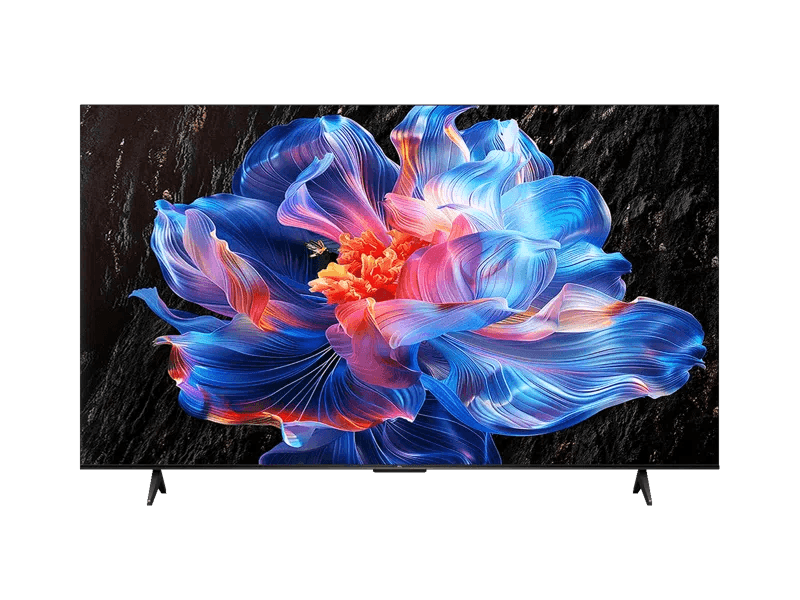 Flat-screen TV showing a close-up, vibrant blue flower wallpaper on a dark background.