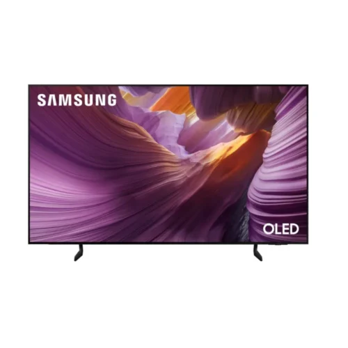 Samsung OLED TV on a white background displaying a purple abstract canyon wallpaper