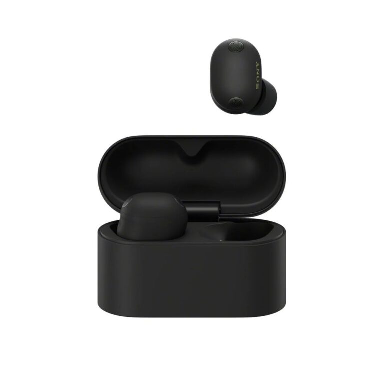 Black wireless earbuds in an open charging case, with one earbud resting outside the case; Sony branding visible on the earbud.