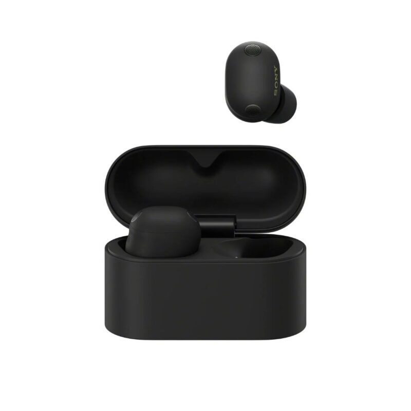 Black wireless earbuds in an open charging case, with one earbud resting outside the case; Sony branding visible on the earbud.